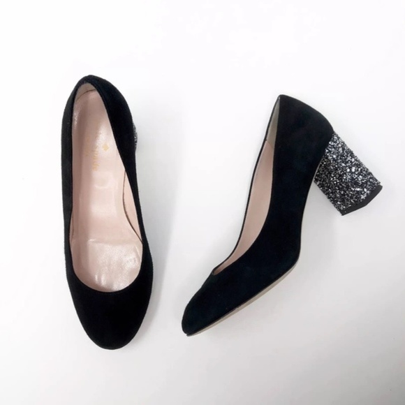 kate spade Shoes - [Kate Spade} Metallic Glitter Chunky Heel Pumps